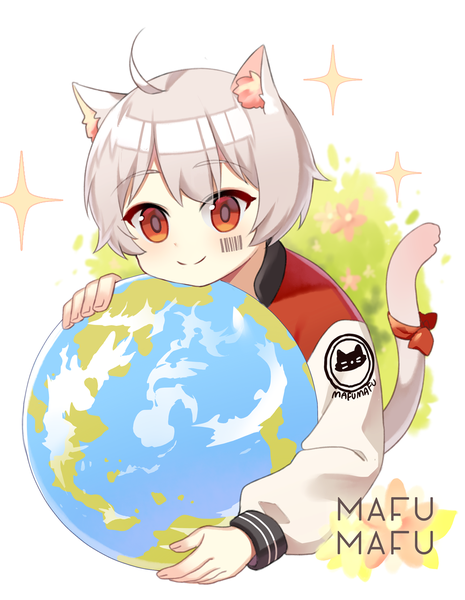 Anime picture 993x1280 with nico nico singer mafumafu sal single tall image looking at viewer short hair smile red eyes animal ears silver hair upper body ahoge tail animal tail cat ears cat tail character names kemonomimi mode nekomimi mode