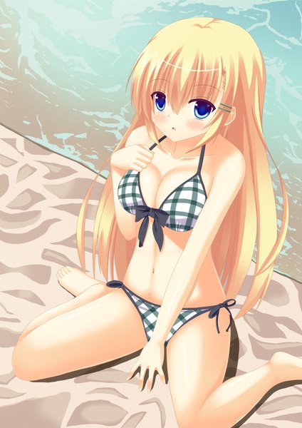 Anime picture 1400x1980 with original komori413 single long hair tall image looking at viewer blush breasts blue eyes light erotic blonde hair girl navel swimsuit bikini