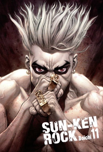 Anime picture 1088x1600 with sun-ken rock kitano ken single tall image looking at viewer short hair blonde hair red eyes inscription piercing muscle boy