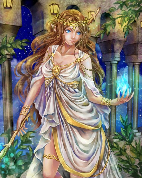 Anime picture 1200x1500 with original daphne zhang single long hair tall image blue eyes blonde hair pointy ears glowing girl dress leaf (leaves)