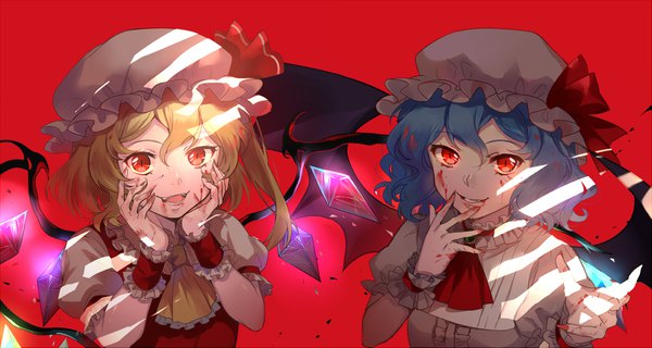 Anime picture 1789x955 with touhou flandre scarlet remilia scarlet ekita xuan looking at viewer fringe highres short hair blonde hair simple background smile hair between eyes red eyes wide image multiple girls blue hair puffy sleeves one side up glowing finger to mouth