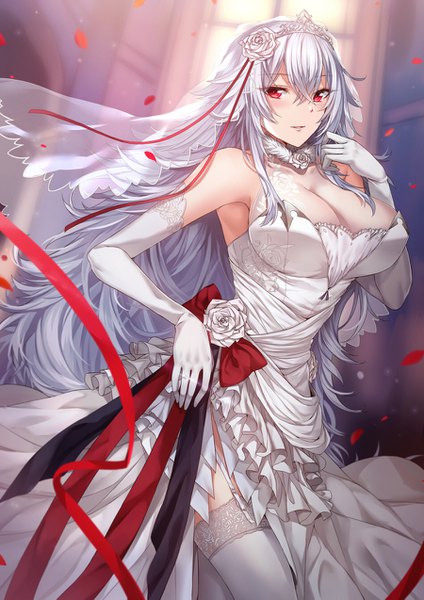 Anime picture 900x1273 with azur lane graf zeppelin (azur lane) luzi (coffee-straw-luzi) single long hair tall image looking at viewer blush fringe breasts light erotic hair between eyes red eyes large breasts standing payot cleavage silver hair indoors parted lips