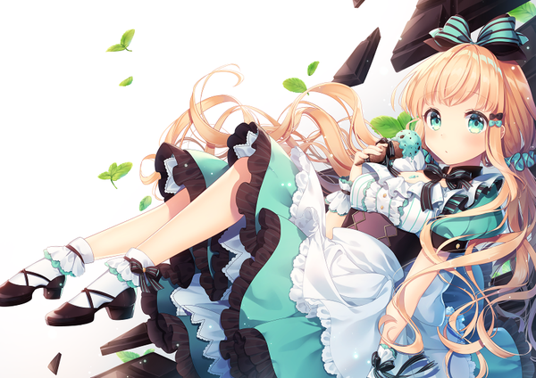 Anime picture 819x579 with original natsu mikan (clutch) single long hair looking at viewer simple background blonde hair white background twintails full body aqua eyes puffy sleeves low twintails girl dress bow hair bow socks food sweets