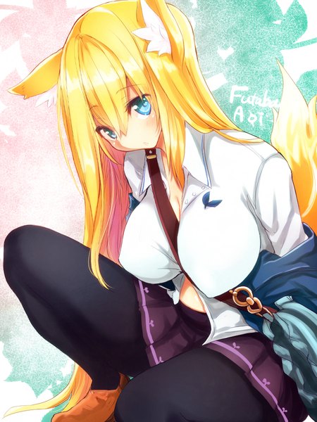 Anime picture 768x1024 with original naomi (sekai no hate no kissaten) single long hair tall image looking at viewer fringe breasts blue eyes light erotic blonde hair animal ears cleavage tail animal tail pleated skirt no bra fox ears fox tail fox girl