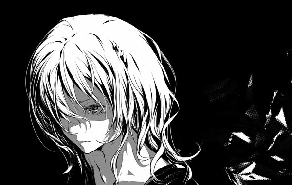 Anime picture 1100x700 with beatless leicia redjuice single long hair fringe from above hair over one eye black background monochrome portrait face girl