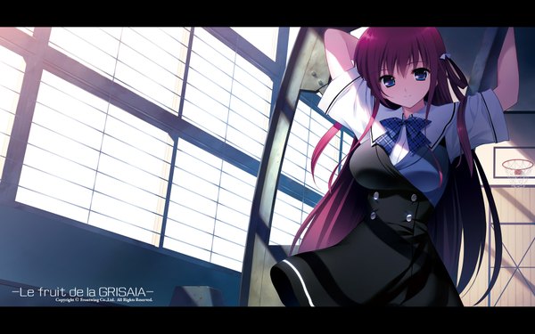 Anime picture 1920x1200 with grisaia no kajitsu suou amane fumio (ura fmo) single long hair fringe highres breasts blue eyes wide image red hair light smile inscription arms up letterboxed framed girl dress skirt uniform