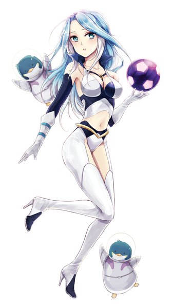 Anime picture 600x1067 with inazuma eleven urubida anz (starry) single long hair tall image looking at viewer blush blue eyes light erotic simple background white background bare shoulders blue hair white hair parted lips multicolored hair two-tone hair streaked hair girl