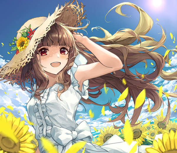 Anime picture 2739x2360 with idolmaster idolmaster cinderella girls kamiya nao shino sto single long hair fringe highres open mouth red eyes brown hair looking away sky cloud (clouds) upper body outdoors blunt bangs :d wind eyebrows