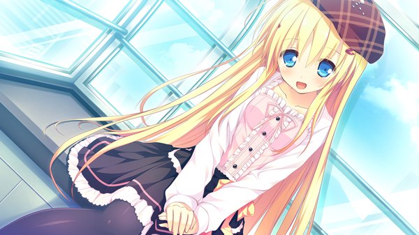 イラスト 1280x720 と clover day's ソロ 長髪 カメラ目線 赤面 開いた口 青い目 金髪 wide image 座る game cg 女の子 ドレス ベレー