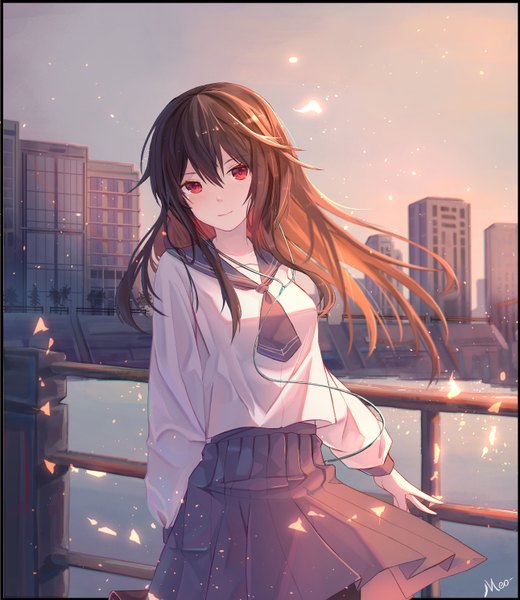 Anime picture 1291x1488 with original meo (1271884559) single long hair tall image looking at viewer blush fringe black hair hair between eyes red eyes signed sky outdoors long sleeves pleated skirt light smile wind city evening