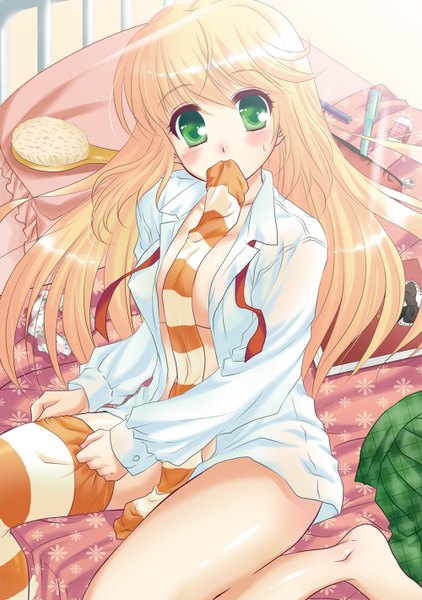 Anime picture 1000x1420 with original poyamu (artist) single long hair tall image looking at viewer blush light erotic blonde hair holding green eyes open clothes open shirt legs mouth hold girl thighhighs striped thighhighs