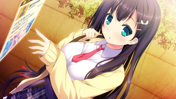 Anime picture 1280x720 with harvest overray giga ouno sumi single long hair looking at viewer blush open mouth blue eyes black hair wide image game cg girl uniform school uniform necktie hairclip sweater