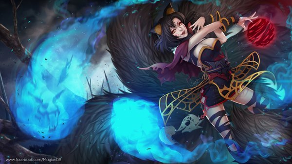 Anime picture 1920x1080 with league of legends ahri (league of legends) magion02 single highres short hair breasts open mouth black hair smile wide image animal ears yellow eyes cloud (clouds) tail nail polish animal tail lips realistic night