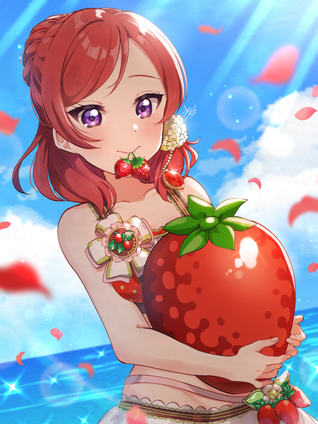 Anime picture 1875x2500 with love live! school idol project sunrise (studio) love live! nishikino maki kyaku tatsu single tall image looking at viewer blush highres short hair smile purple eyes holding sky cloud (clouds) outdoors red hair sunlight sparkle