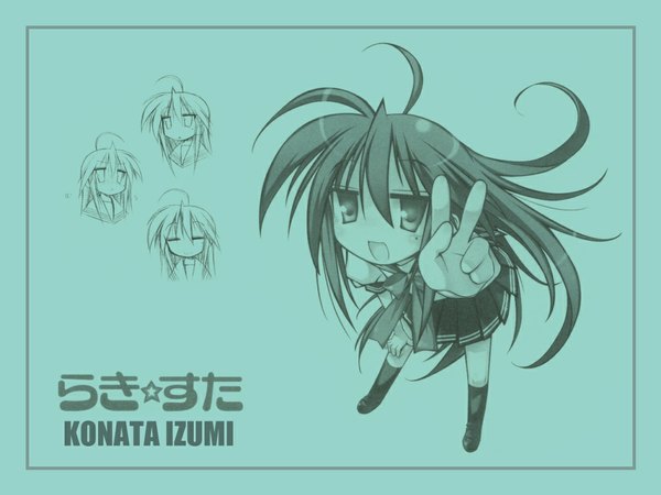 Anime picture 1024x768 with lucky star kyoto animation izumi konata victory green background girl