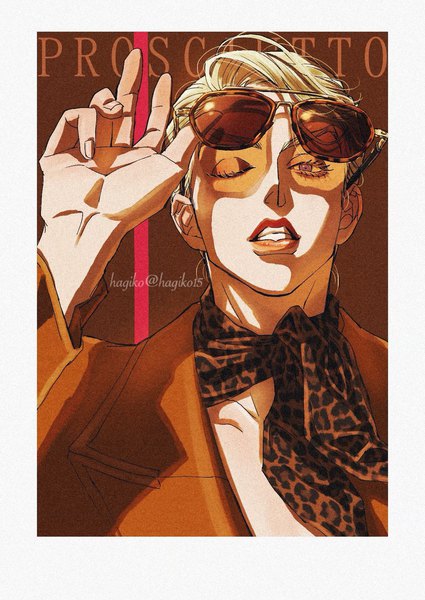 Anime picture 1276x1800 with jojo no kimyou na bouken prosciutto hagiko single tall image looking at viewer short hair blonde hair signed one eye closed character names border portrait shaded face animal print fashion leopard print boy sunglasses neckerchief