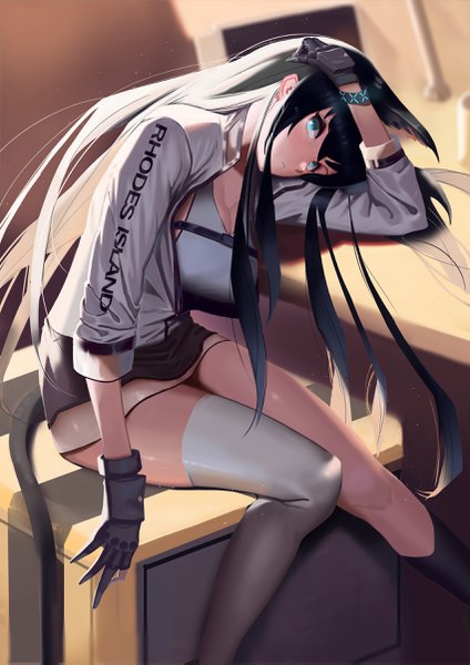 Anime picture 1700x2405 with arknights blaze (arknights) tomohumi (tomohumi7) single long hair tall image looking at viewer blue eyes black hair sitting animal ears tail animal tail open jacket leaning hand on head asymmetrical legwear girl gloves black gloves