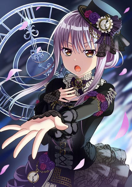 Anime picture 1414x2000 with bang dream! minato yukina yuusa single long hair tall image looking at viewer blush fringe open mouth hair between eyes standing brown eyes purple hair wind blurry cherry blossoms hand on chest outstretched hand lolita fashion