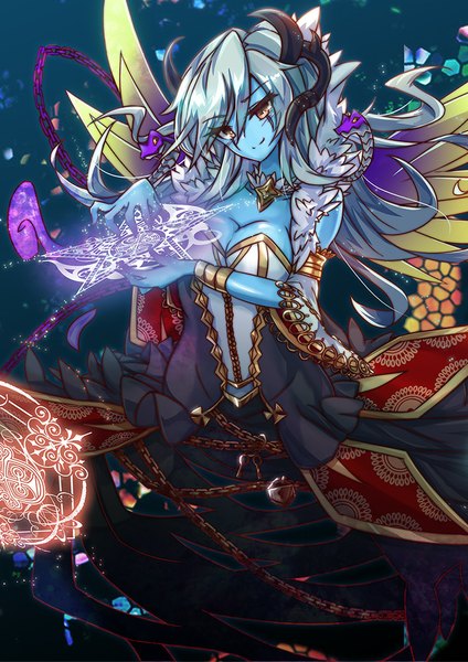 Anime picture 724x1024 with puzzle & dragons goetia (p&d) rocknroll (artist) single long hair tall image fringe breasts smile silver hair horn (horns) orange eyes magic blue skin girl dress