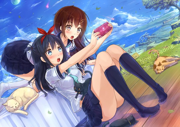 Anime picture 2046x1446 with original kazeno long hair blush highres open mouth blue eyes black hair brown hair sitting multiple girls brown eyes sky cloud (clouds) :o girl skirt uniform bow 2 girls