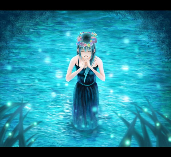 Anime picture 1275x1175 with original kentaurosu single long hair blue hair eyes closed girl flower (flowers) water sundress wreath