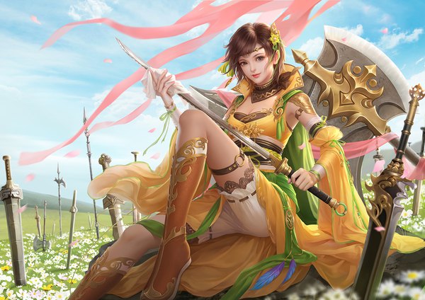 Anime picture 1414x1000 with original fan xiu single looking at viewer fringe short hair breasts brown hair sitting holding brown eyes payot sky cleavage cloud (clouds) bent knee (knees) outdoors traditional clothes arm up hair flower