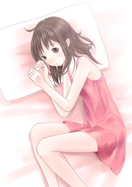 Anime picture 2480x3507 with original chikuwa (odennabe) single long hair tall image highres black hair bare shoulders brown eyes cleavage bent knee (knees) lying from above bare legs on side girl pillow chemise