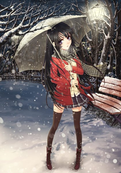 Anime picture 827x1181 with original wait (artist) single long hair tall image looking at viewer black hair purple eyes zettai ryouiki snowing winter snow transparent umbrella girl thighhighs skirt black thighhighs plant (plants) tree (trees) boots