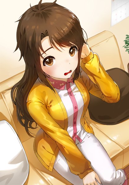 Anime picture 801x1152 with idolmaster idolmaster cinderella girls shimamura uzuki kfr single long hair tall image fringe brown hair sitting brown eyes bent knee (knees) indoors from above embarrassed adjusting hair girl pillow couch