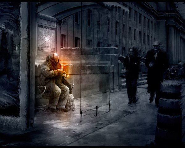 Anime picture 1280x1024 with alexiuss monochrome smoking old man building (buildings) bus stop