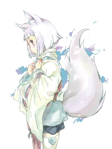 Anime picture 960x1280 with tokyo ravens 8bit kon (tokyo ravens) matsukura nemu single tall image looking at viewer blush short hair blue eyes simple background white background animal ears white hair tail long sleeves traditional clothes japanese clothes profile fox ears