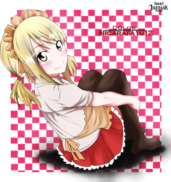 Anime picture 2207x2352 with fairy tail lucy heartfilia nicarafa1612 single long hair tall image blush highres blonde hair smile twintails yellow eyes looking back from above coloring short twintails checkered checkered background girl thighhighs