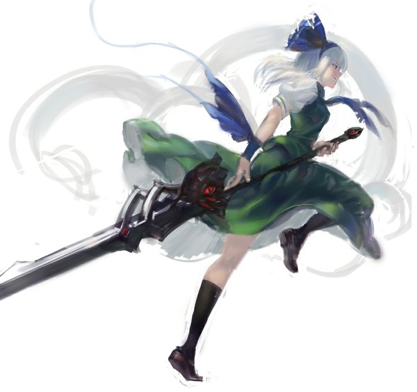 Anime-Bild 1004x945 mit touhou konpaku youmu myon kishiyo single long hair simple background white background silver hair profile alternate hairstyle running girl hair ornament shoes hairband huge weapon