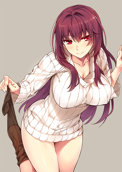 Anime picture 759x1075 with fate (series) fate/grand order scathach (fate) (all) scathach (fate) yanagi (tsukiakari) single long hair tall image looking at viewer blush fringe breasts light erotic simple background smile hair between eyes red eyes large breasts purple hair grey background