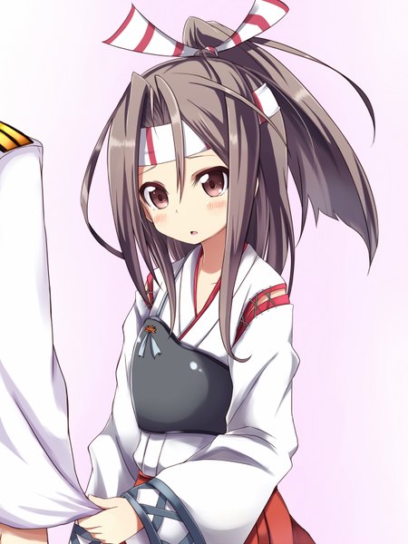 Anime picture 1200x1600 with kantai collection zuihou light aircraft carrier amano kouki long hair tall image blush open mouth simple background holding brown eyes ponytail grey hair looking down pink background girl hairband armor