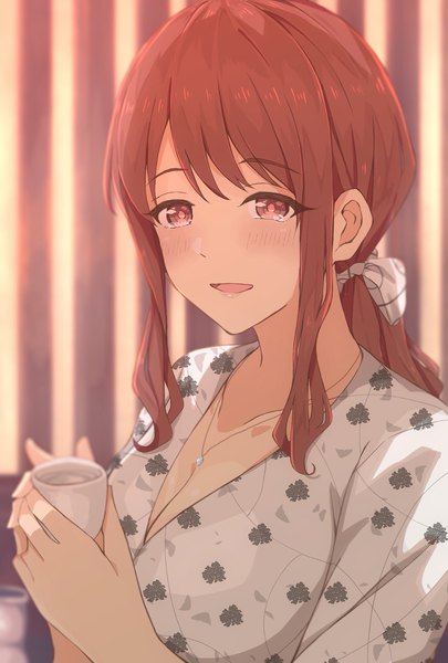 Anime picture 1376x2038 with idolmaster idolmaster cinderella girls mifune miyu duffy single long hair tall image looking at viewer blush fringe breasts open mouth smile brown hair holding brown eyes payot cleavage upper body :d