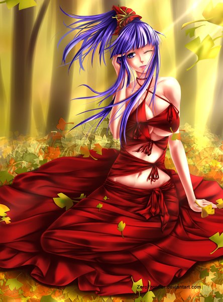 Anime picture 1024x1383 with naruto studio pierrot naruto (series) hyuuga hinata zerofrontier single long hair tall image breasts light erotic large breasts sitting purple eyes bare shoulders purple hair ponytail one eye closed lips wink sunlight