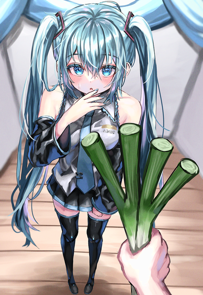 Anime picture 1847x2682 with vocaloid hatsune miku buriburiman tanaka long hair tall image looking at viewer blush fringe highres blue eyes hair between eyes twintails aqua hair solo focus outstretched hand pov girl thighhighs black thighhighs detached sleeves
