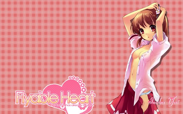 Anime picture 1920x1200 with flyable heart inaba yui itou noiji single highres short hair light erotic red eyes brown hair wide image no bra open shirt wallpaper copyright name character names adjusting hair plaid tying hair open skirt plaid background