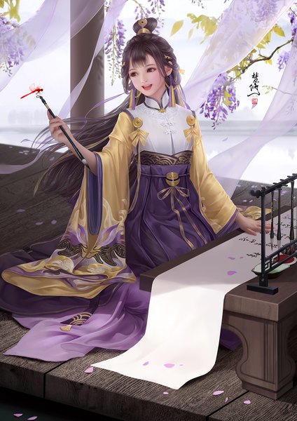 Anime picture 1100x1556 with chu liuxiang (series) chu liuxiang (character) fan xiu single long hair tall image fringe open mouth black hair smile sitting holding looking away blunt bangs traditional clothes :d wind black eyes realistic wide sleeves
