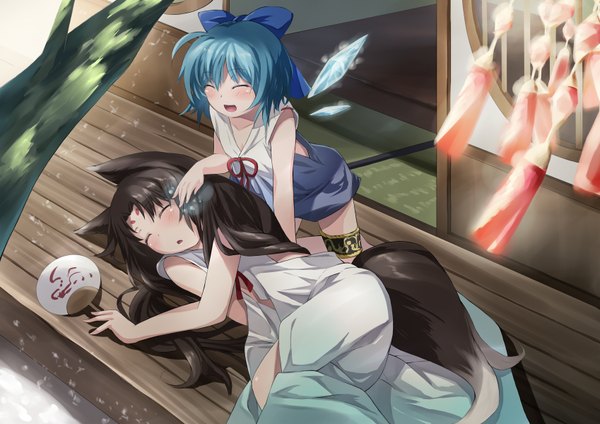 Anime picture 1697x1200 with touhou cirno decchi oyabun (artist) long hair short hair black hair multiple girls animal ears blue hair eyes closed animal tail sleeping girl 2 girls wings crystal