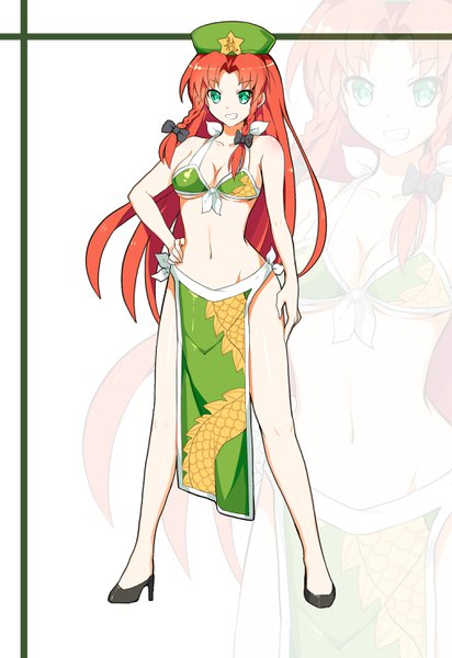 Anime picture 2031x2952 with touhou hong meiling greetload single long hair tall image looking at viewer highres breasts light erotic simple background smile large breasts white background green eyes cleavage full body red hair braid (braids) high heels