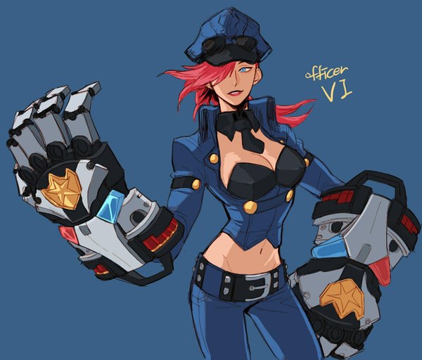 Anime picture 1170x1000 with league of legends vi (league of legends) tagme (artist) single long hair fringe breasts blue eyes simple background red hair lips hair over one eye bare belly midriff girl navel uniform necktie belt sunglasses
