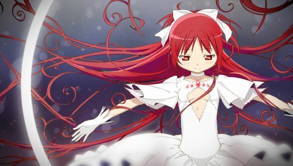 Anime picture 1920x1088 with mahou shoujo madoka magica shaft (studio) sakura kyouko single long hair highres red eyes wide image red hair spread arms girl dress gloves bow hair bow