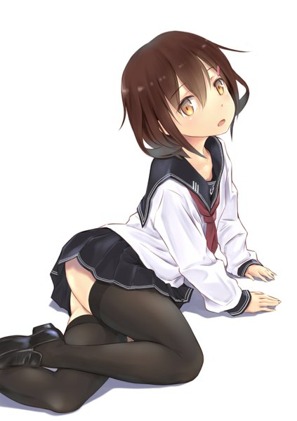 Anime picture 1223x1736 with kantai collection ikazuchi destroyer wa (genryusui) single tall image looking at viewer blush short hair simple background brown hair white background sitting ass orange eyes zettai ryouiki girl thighhighs skirt hair ornament black thighhighs