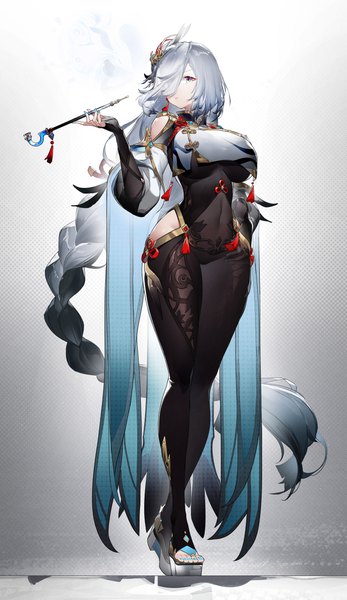 Anime-Bild 5256x9093 mit genshin impact shenhe (genshin impact) yushi quetzalli single tall image looking at viewer fringe highres breasts blue eyes light erotic simple background large breasts standing holding absurdres silver hair full body braid (braids) very long hair
