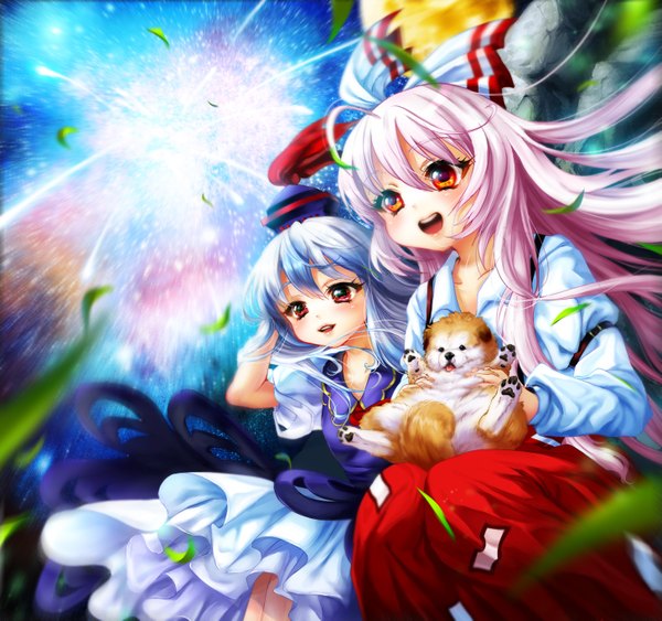 Anime picture 1455x1367 with touhou fujiwara no mokou kamishirasawa keine inuboe long hair blush red eyes multiple girls blue hair pink hair sky orange eyes girl dress bow 2 girls hat leaf (leaves) star (stars) dog