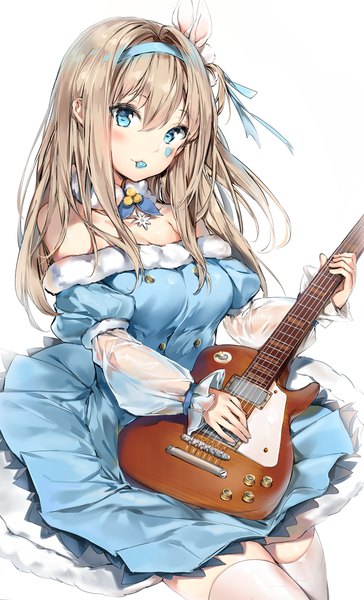 Anime picture 1020x1680 with girls frontline suomi kp31 (girls frontline) silver (chenwen) single long hair tall image looking at viewer blush fringe breasts blue eyes simple background hair between eyes brown hair standing white background holding cleavage long sleeves off shoulder