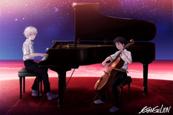 Anime picture 1500x1000 with neon genesis evangelion gainax ikari shinji nagisa kaworu shian (my lonly life.) fringe short hair black hair hair between eyes sitting holding brown eyes looking away silver hair full body bent knee (knees) outdoors light smile night multiple boys