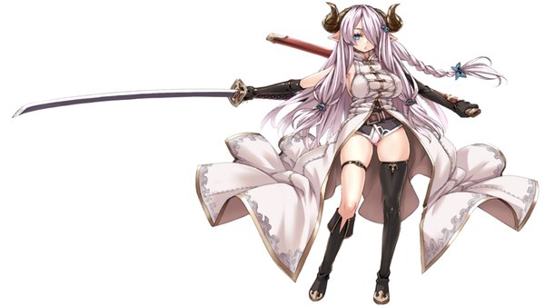 Anime picture 1920x1080 with granblue fantasy narmaya (granblue fantasy) hayama kazusa single long hair fringe highres breasts blue eyes light erotic simple background wide image large breasts standing white background horn (horns) pointy ears grey hair hair over one eye wallpaper